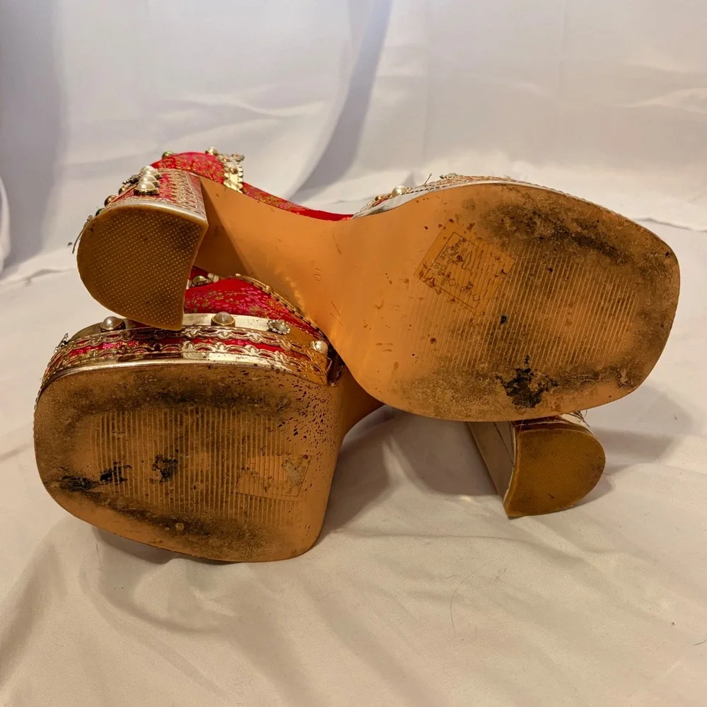 Azalea Wang Red and gold Brocade Platform Heels with Embellished Beads & Crystal